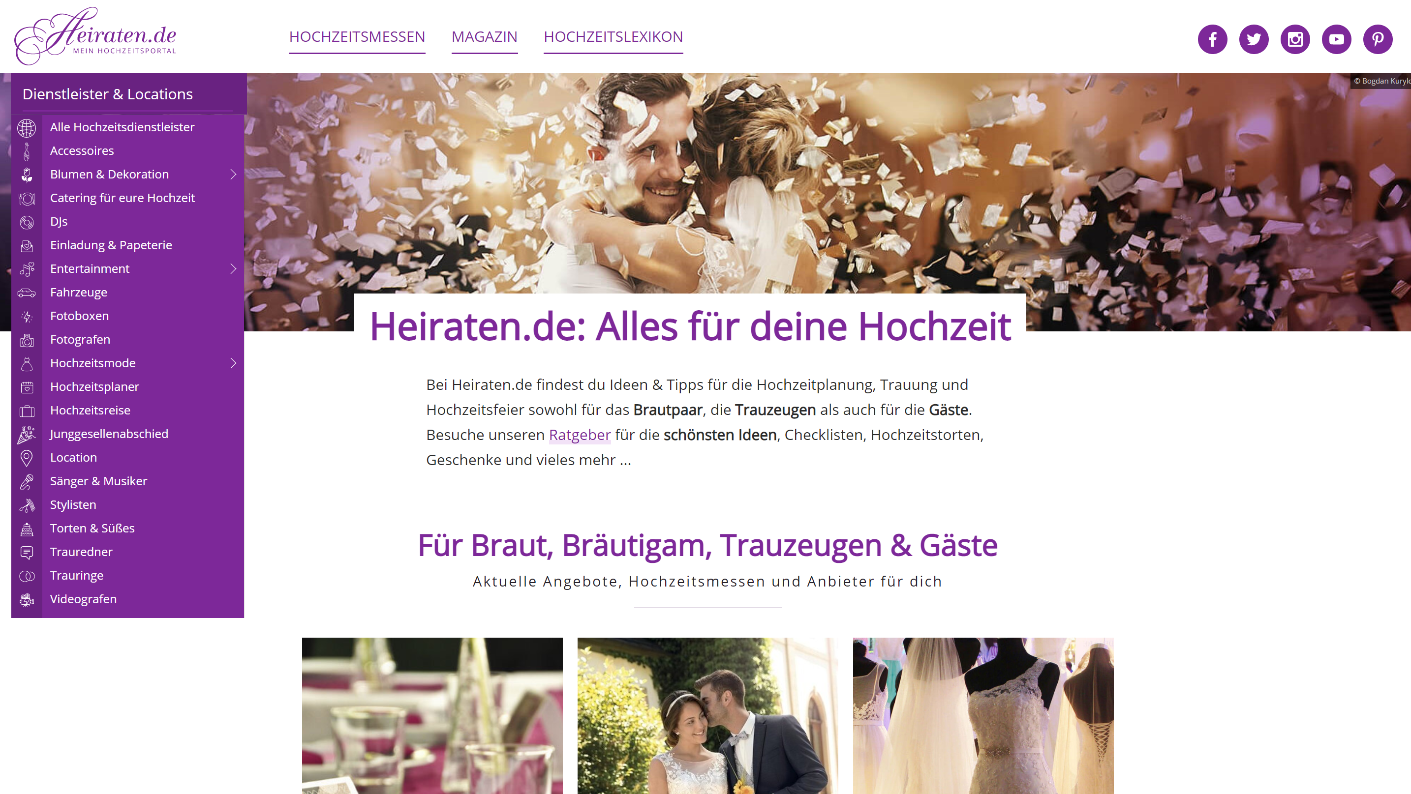 Homepage von Heiraten.de, das Hochzeitsportal